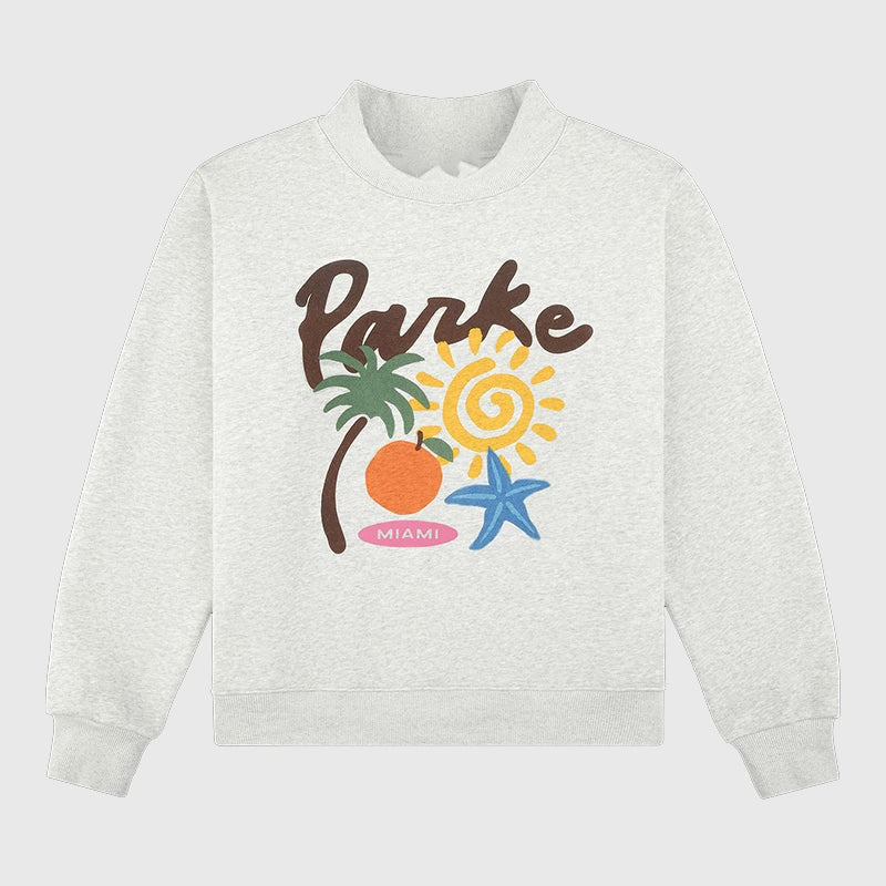 Grey Parke Miami fleece sweatshirt with mockneck collar and striking graphic design.