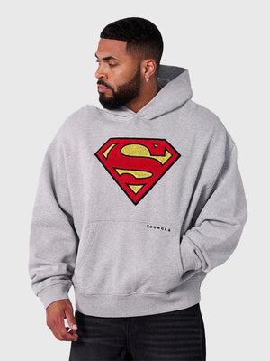 Grey oversized fleece pullover hoodie by Youngla with Superman Legacy themed design and relaxed fit