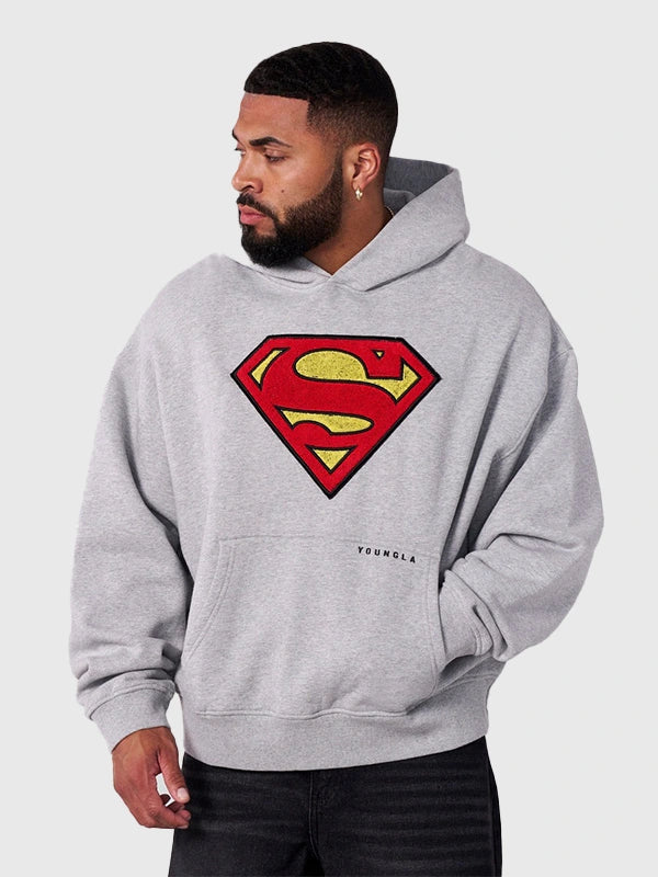 Grey oversized fleece pullover hoodie by Youngla with Superman Legacy themed design and relaxed fit