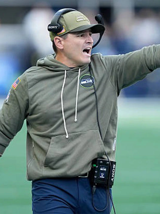 Seattle Seahawks 2025 Salute to Service olive green hoodie inspired by Coach Mike Macdonald’s sideline style.