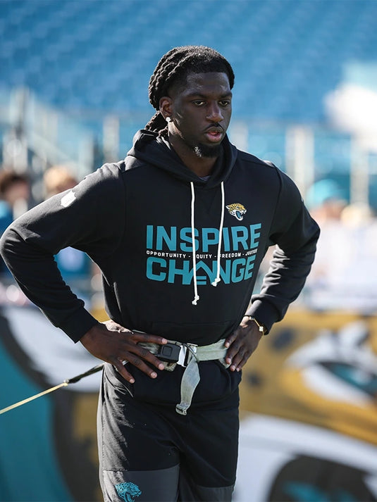 Black Jacksonville Jaguars 2025 Nike sideline hoodie highlighting the Inspire Change theme and statement wording