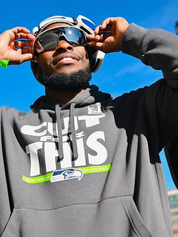 Recreated grey Super Bowl LX Champions Parade Club hoodie with Seattle Seahawks branding and hooded pullover fit