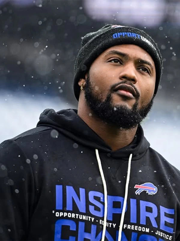 Nike black sideline hoodie for Buffalo Bills 2025 featuring Opportunity Equity Freedom Justice lettering