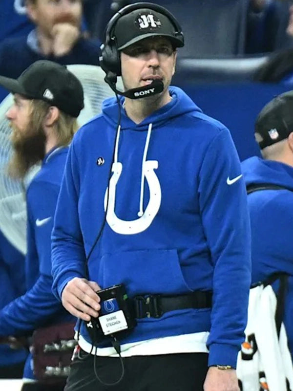 Recreated Coach Shane Steichen Indianapolis Colts blue fleece Nike sideline hoodie with clean athletic styling