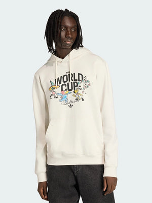 RECREATED FIFA World 2026 mascot fleece hoodie by Adidas in off-white with a minimal aesthetic