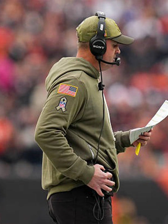 Coach Zac Taylor Cincinnati Bengals 2025 Salute to Service Hoodie in olive green fleece with team graphics.