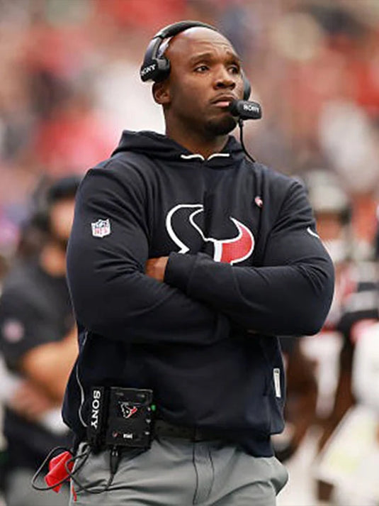 Recreated Houston Texans black sideline hoodie in fleece styled after Coach DeMeco Ryans