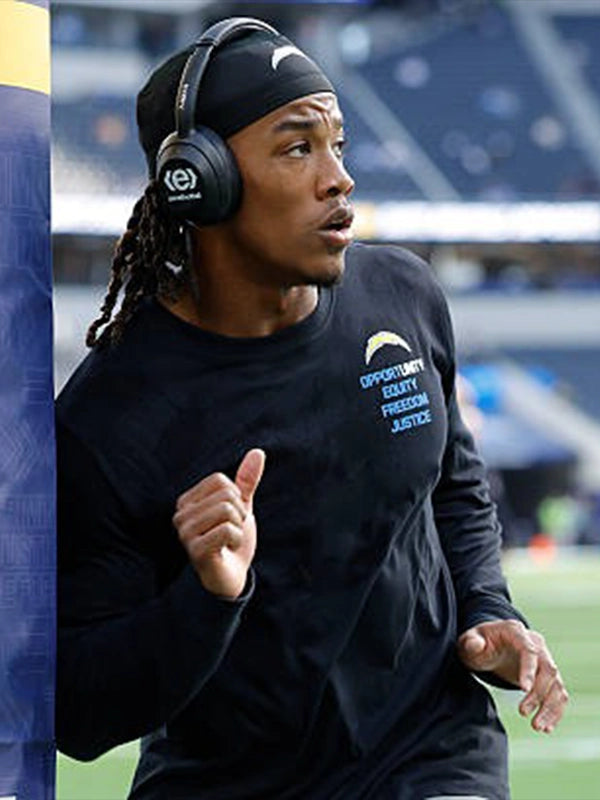 Inspire Change Opportunity Equity Freedom Justice black long sleeve tee associated with Los Angeles Chargers apparel
