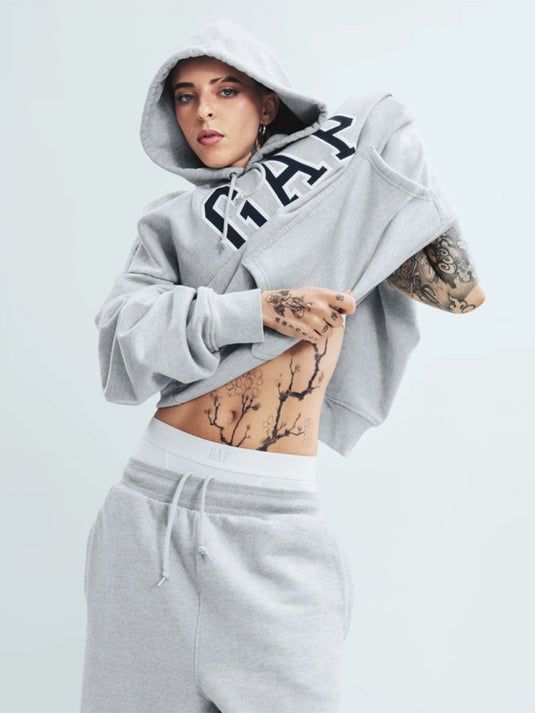 RECREATED Grey Gap x Young Miko 2026 Fleece Pullover Hoodie crafted from warm fleece material with a comfortable everyday fit