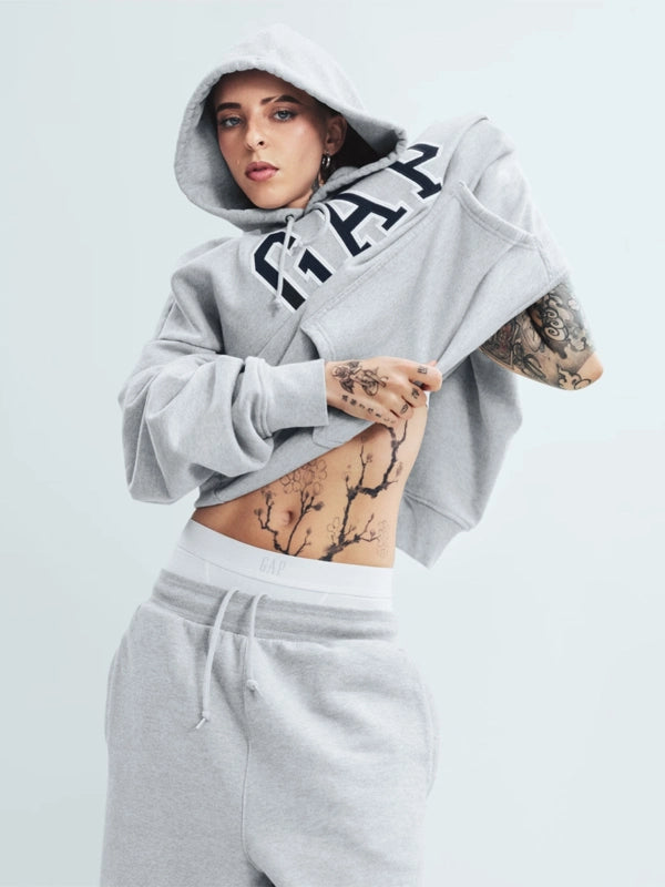 RECREATED Grey Gap x Young Miko 2026 Fleece Pullover Hoodie crafted from warm fleece material with a comfortable everyday fit
