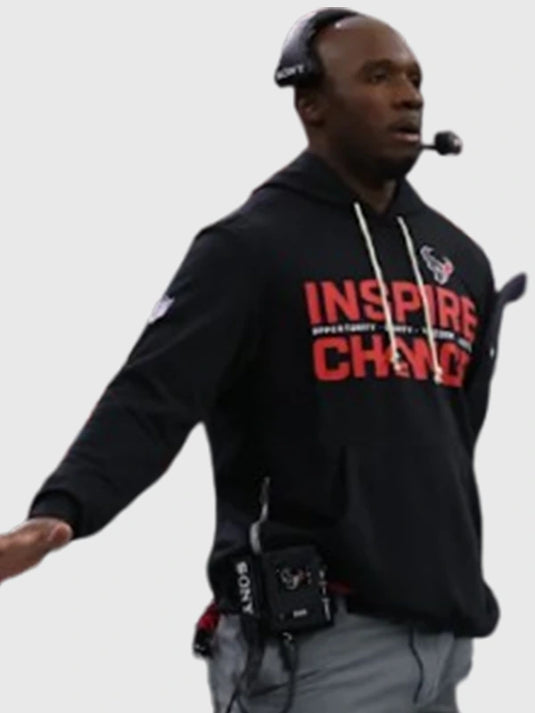 Black Houston Texans 2025 Nike sideline pullover hoodie highlighting the Inspire Change theme and statement wording