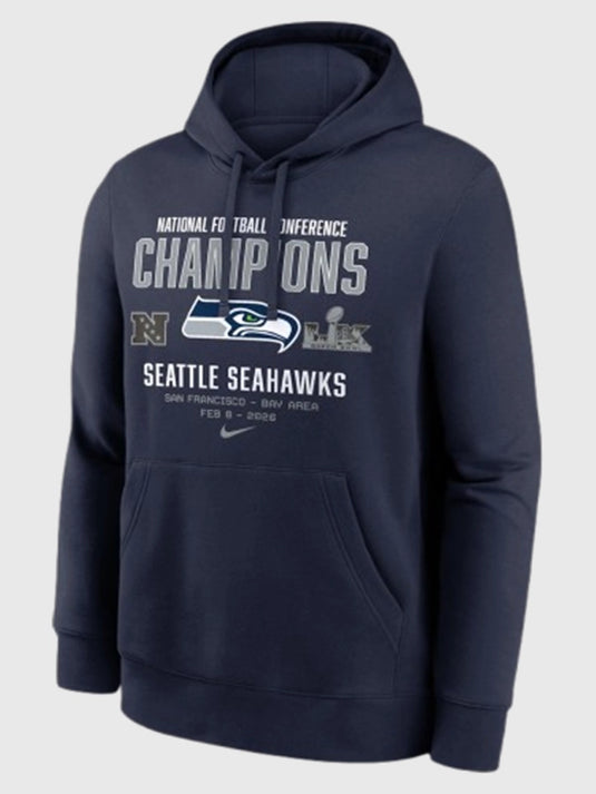 Recreated 2025 Seattle Seahawks NFC Champions Team Nation pullover hoodie with clean athletic styling