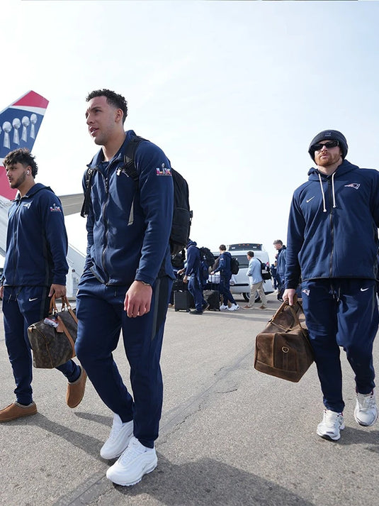 RECREATED New England Patriots 2026 Super Bowl LX navy fleece hoodie with full zip front and logo detail