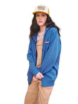 Recreated blue zip-up fleece hoodie from Wrangler Stranger Things collaboration inspired by Eleven season 5 outfit