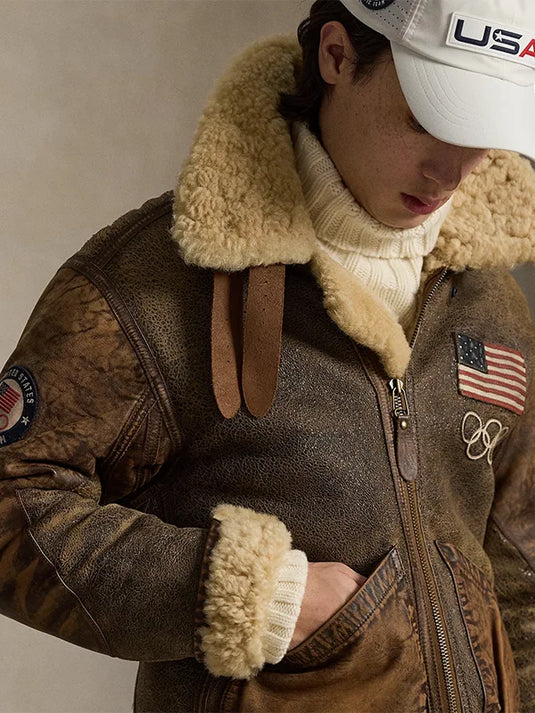 Team USA inspired brown leather flight jacket recreated for the 2026 Winter Olympics with refined finish