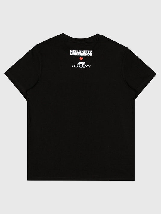Black Formula 1 Academy Hello Kitty T-Shirt combining comfortable cotton material with unique pit crew print.