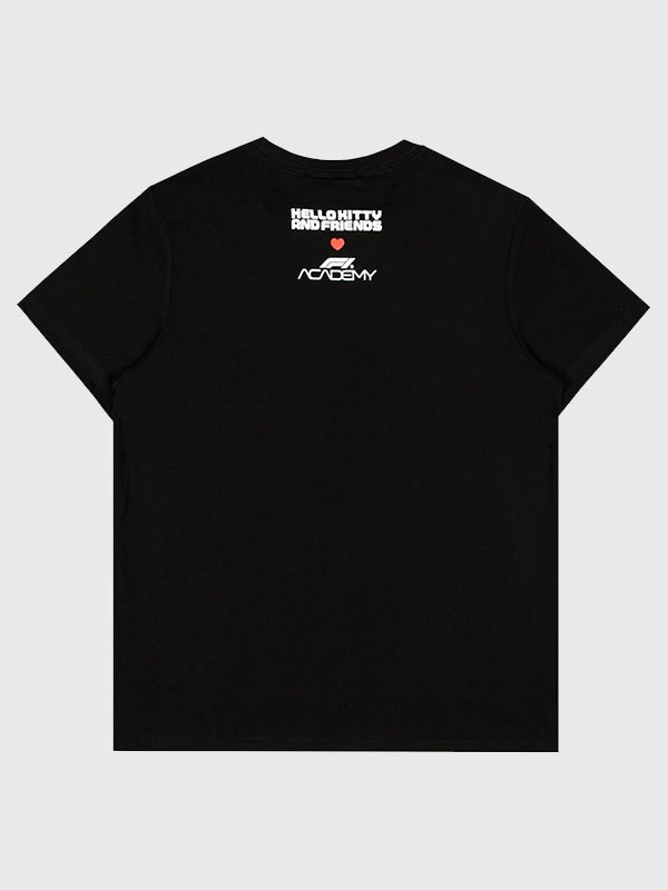 Black Formula 1 Academy Hello Kitty T-Shirt combining comfortable cotton material with unique pit crew print.