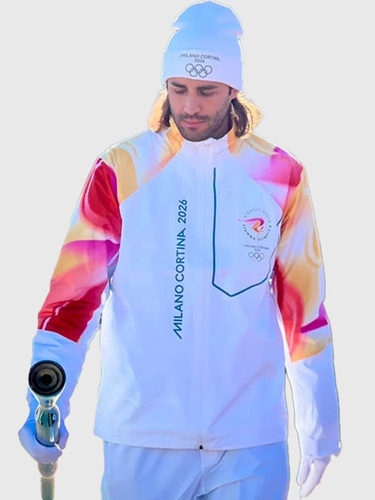 White Torchbearer full-zip hooded jacket inspired by the Milano Cortina 2026 Winter Olympics with versatile outerwear appeal