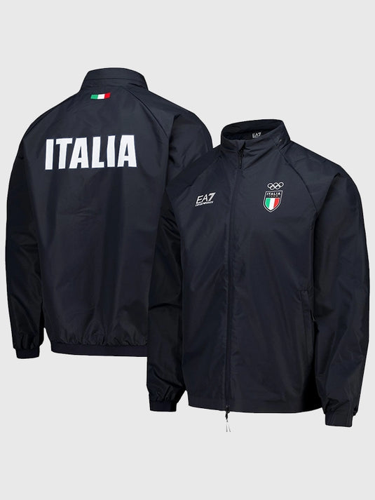 EA7 Emporio Armani navy full-zip tech jacket inspired by Team Italy winter competition with sleek lines and functional design