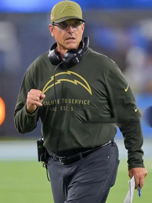 Forest green Jim Harbaugh Chargers Salute to Service hooded pullover T-shirt designed with breathable performance fabric.