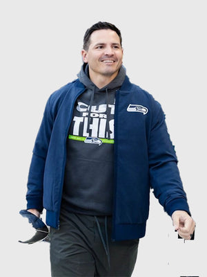 Recreated Super Bowl 60 Seattle Seahawks bomber jacket in navy featuring full zipper and commemorative champions print
