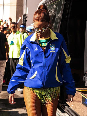 Blue Ludmilla Brazil x Jordan anthem track jacket featuring full-zip front, ribbed trims, and sporty performance styling