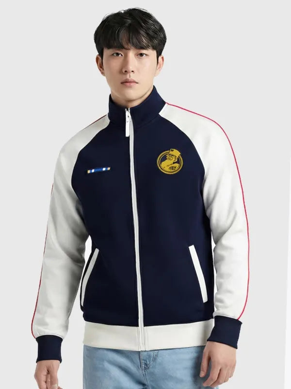 Recreated Chelsea FC Heritage Collection 2026 Pensioners panel track jacket in navy and white with full-zip front and retro athletic silhouette
