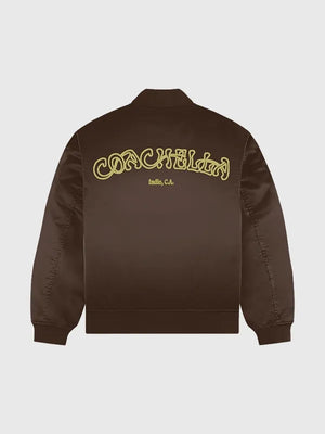 Recreated Coachella 2026 brown satin bomber jacket for men and women with glossy finish and clean modern design