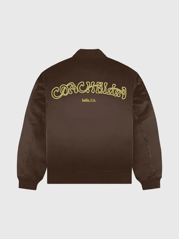 Recreated Coachella 2026 brown satin bomber jacket for men and women with glossy finish and clean modern design