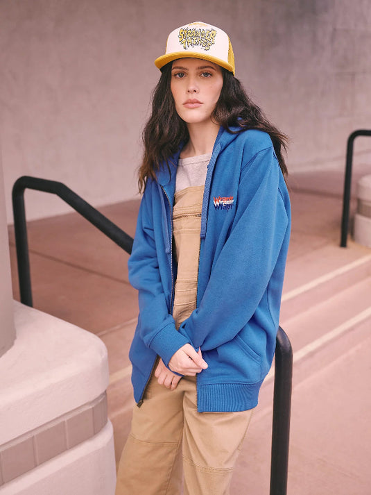 Recreation Wrangler Stranger Things S05 hoodie inspired by Eleven, featuring blue fleece fabric and zip-up design