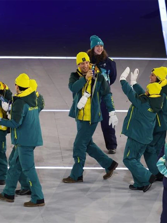 Green full-zip hooded jacket inspired by Team Australia for the 2026 Winter Olympics opening ceremony