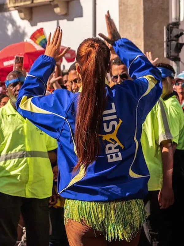Recreated blue Jordan x Ludmilla Brazil anthem jacket offering classic track style with contemporary edge