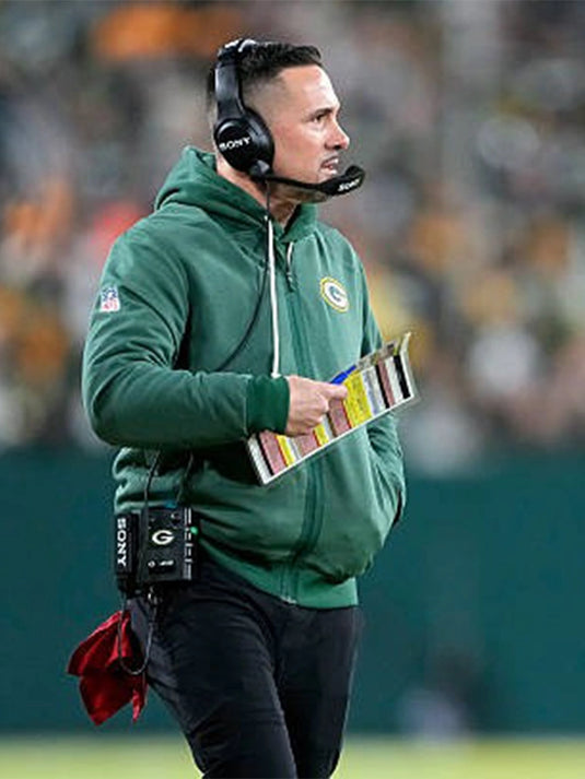 Green Nike sideline bomber jacket recreated in Coach Matt LaFleur Green Bay Packers 2025 design with structured fit