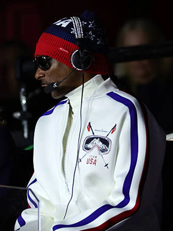White Team USA full-zip track jacket inspired by Snoop Dogg at Milano Cortina 2026 Winter Olympics, lightweight and sporty design