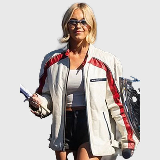 Women’s Sydney Sweeney 2025 NASCAR Cup Series White Leather Jacket crafted with premium materials and sporty accents.