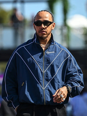 Recreated Unisex Lewis Hamilton 2026 Willy Chavarria track jacket in blue with sleek athletic styling and full-zip front closure