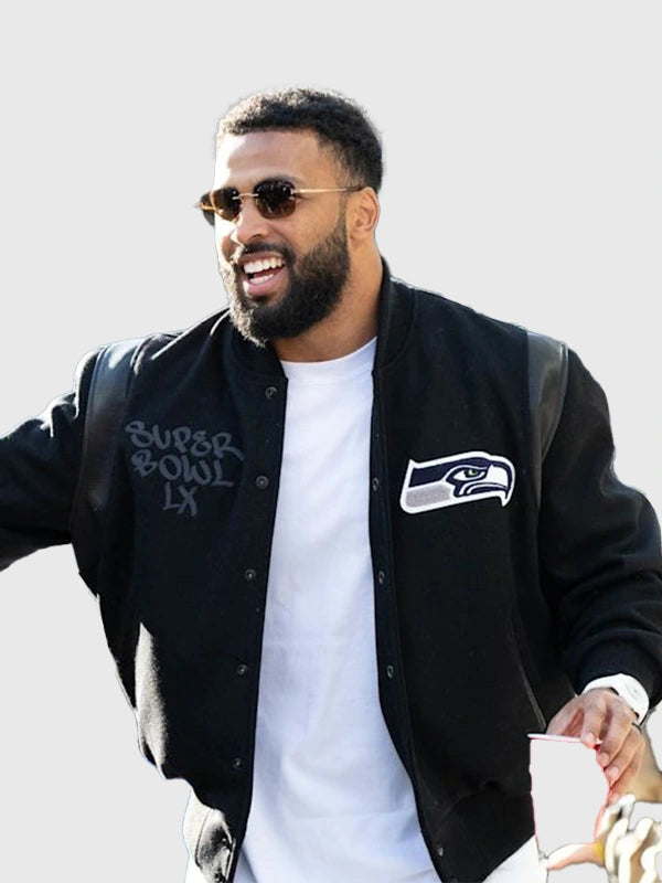 Black wool varsity jacket commemorating Seattle Seahawks Super Bowl LX victory with embroidered title and athletic silhouette