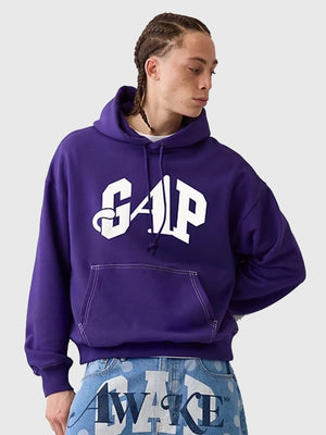 RECREATED Gap × Awake NY Oversized Logo Fleece Pullover Hoodie in Navy featuring soft fleece fabric with a relaxed oversized silhouette