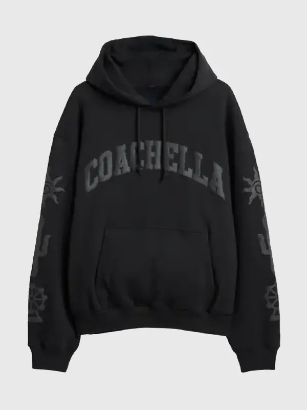 Recreated Gap x Coachella oversized black pullover fleece hoodie with soft interior, relaxed fit, and minimal graphic detailing