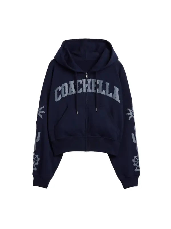 Navy Gap Coachella 2026 zip-up hoodie recreated with soft texture and functional front zip design