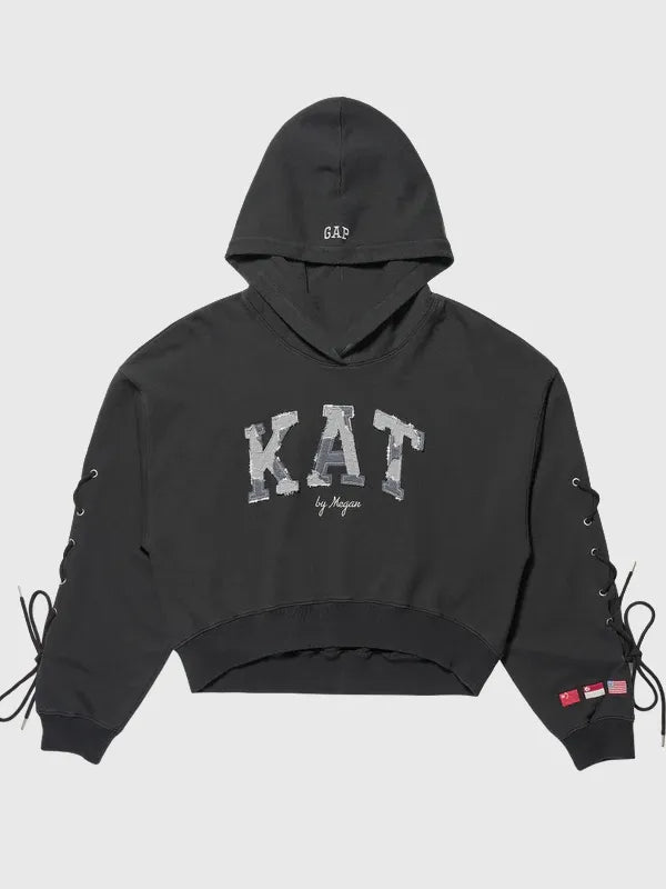 RECREATED Gap x Katseye 2026 Kat by Megan cropped black fleece pullover hoodie featuring laced sleeve detailing and a modern streetwear silhouette