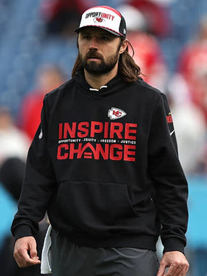 Black Nike sideline pullover hoodie for Kansas City Chiefs featuring quarterback Gardner Minshew and 2025 Inspire Change messaging