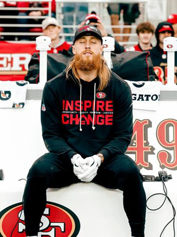 San Francisco 49ers 2025 Inspire Change black Nike sideline hoodie inspired by George Kittle with Opportunity Equity Freedom Justice lettering
