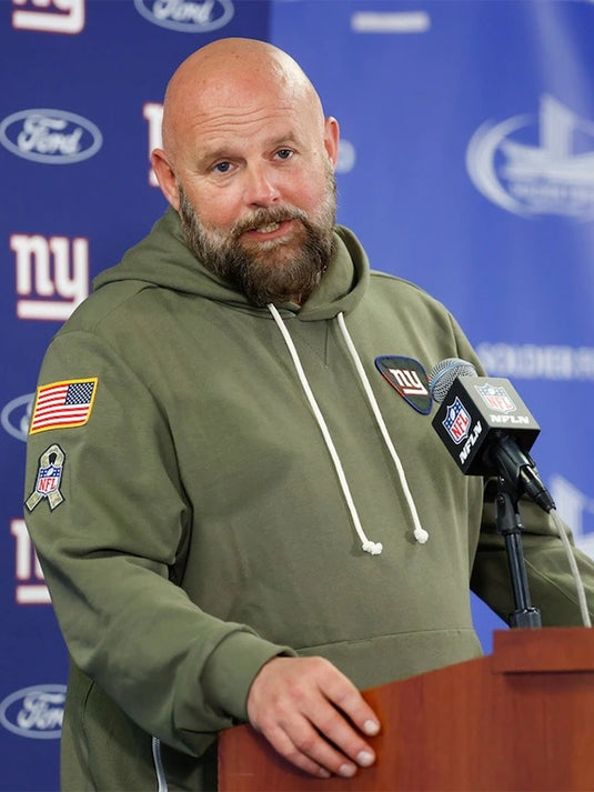 New York Giants Salute to Service 2025 olive hoodie crafted from premium fleece with patriotic sleeve patches.