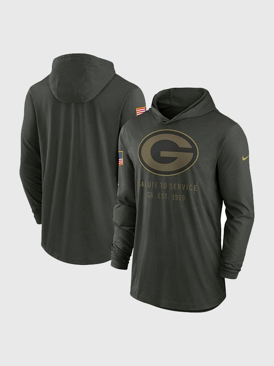 Nike Green Bay Packers 2025 Salute to Service forest green hooded pullover T-shirt crafted from lightweight Dri-FIT fabric.
