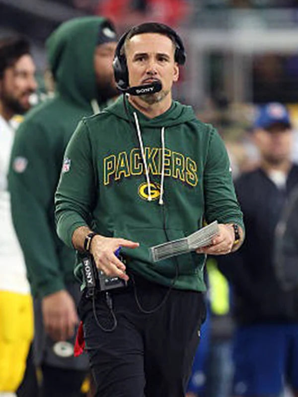 Green Bay Packers sideline sleeveless hoodie inspired by Matt LaFleur, recreated with a relaxed pullover fit
