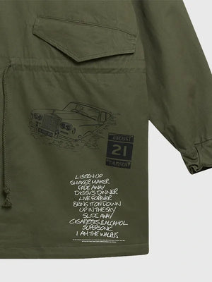 RECREATED Legendary Carnival Oasis 2026 Green Parka Jacket featuring a versatile silhouette with everyday outerwear practicality