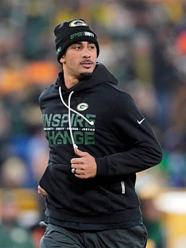 Jordan Love inspired Green Bay Packers pullover hoodie in black with Nike performance fabric and Inspire Change detailing