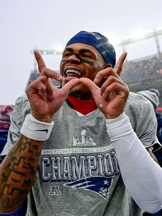 Nike Patriots locker room t-shirt honoring the 2025 AFC Championship in heather grey