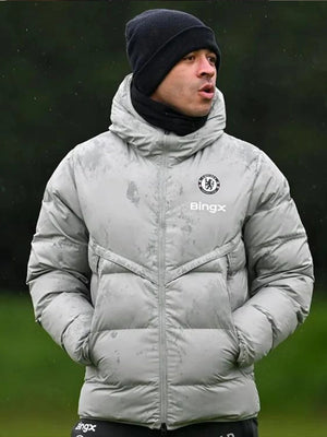 Chelsea training session inspired grey parachute puffer jacket with lightweight padded construction